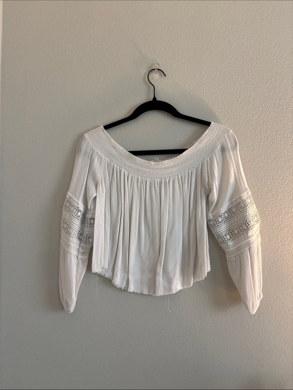 Honey Belle White Off-Shoulder Crochet-Sleeve Blouse